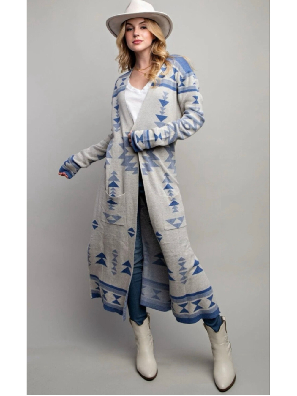 Jessica Simpson Cardigan Sweater Long Aztec Size S Boho Western Knit Cotton Maxi